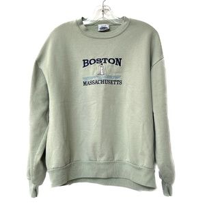 Vintage Boston Massachusetts Sweatshirt Size L Green White Lighthouse Made USA